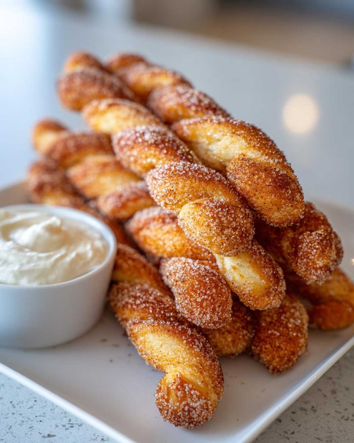 A stack of golden-brown air fryer cinnamon twists coated in sugar and cinnamon, served with a side of creamy dip.