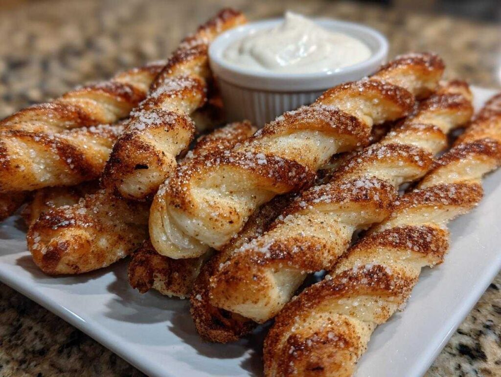 A plate full of golden brown air fryer cinnamon twists, sprinkled with sugar and cinnamon, served with a creamy dip.