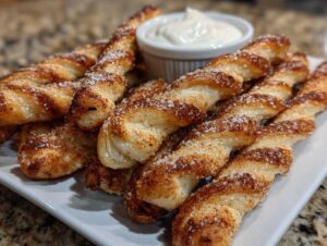 A plate full of golden brown air fryer cinnamon twists, sprinkled with sugar and cinnamon, served with a creamy dip.