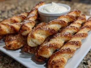A plate full of golden brown air fryer cinnamon twists, sprinkled with sugar and cinnamon, served with a creamy dip.