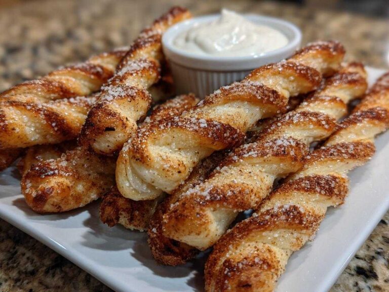 A plate full of golden brown air fryer cinnamon twists, sprinkled with sugar and cinnamon, served with a creamy dip.