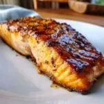 Close-up of a perfectly cooked air fryer honey glazed salmon fillet on a white plate, glistening.