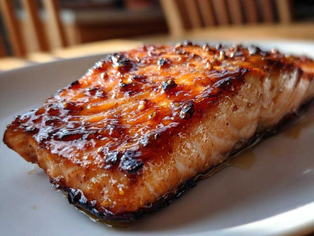 A close-up of a perfectly cooked air fryer honey glazed salmon fillet on a white plate, glistening.