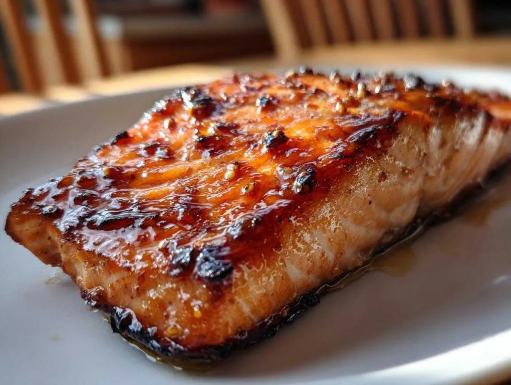 A close-up of a perfectly cooked air fryer honey glazed salmon fillet on a white plate, glistening.