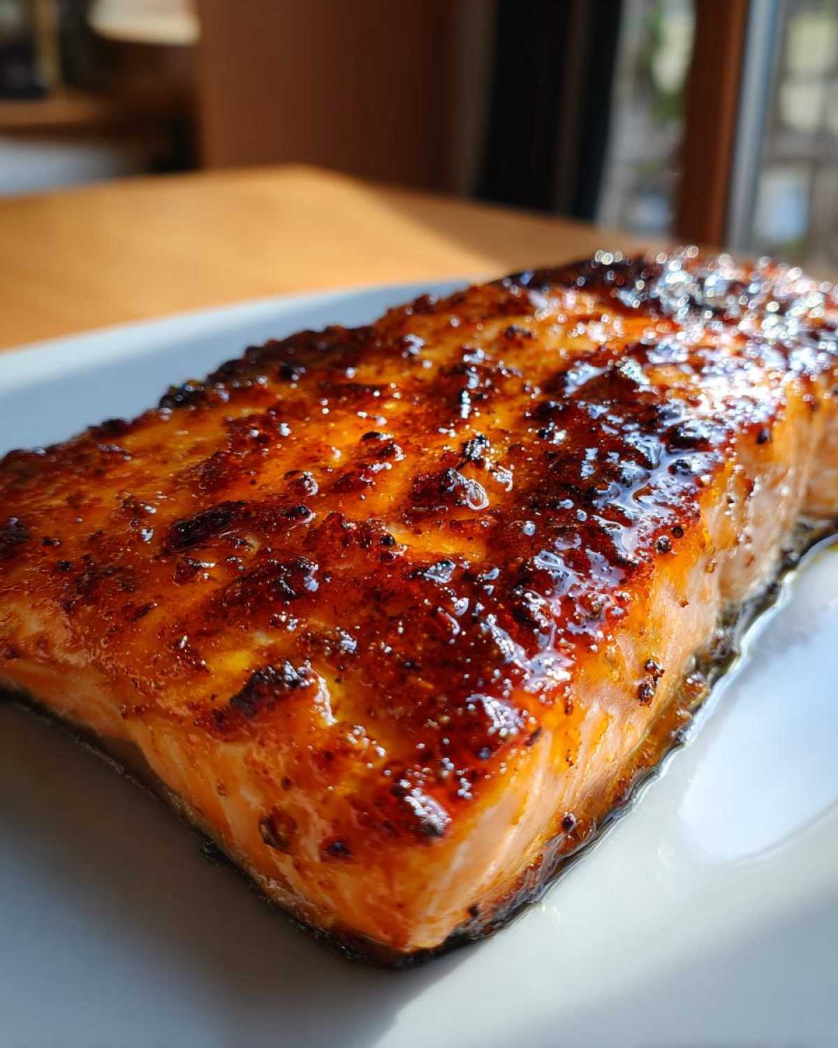 Close-up of a perfectly cooked air fryer honey glazed salmon fillet on a white plate, glistening.