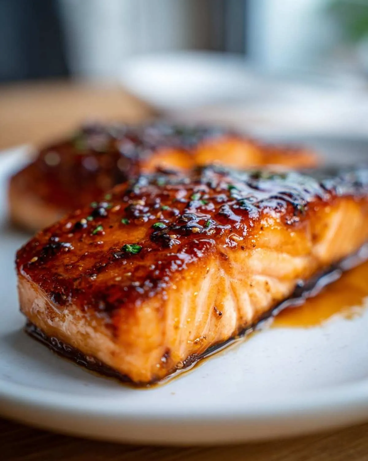 Close-up of a perfectly cooked air fryer honey glazed salmon fillet, glistening with sauce and herbs.