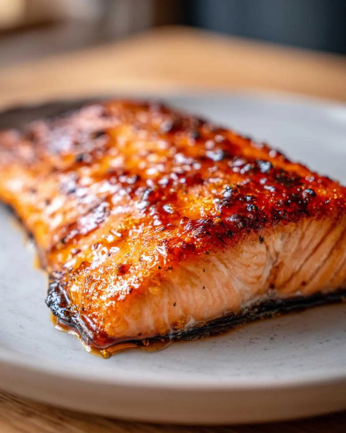 Close-up of a perfectly cooked air fryer honey glazed salmon fillet on a plate, glistening with glaze.