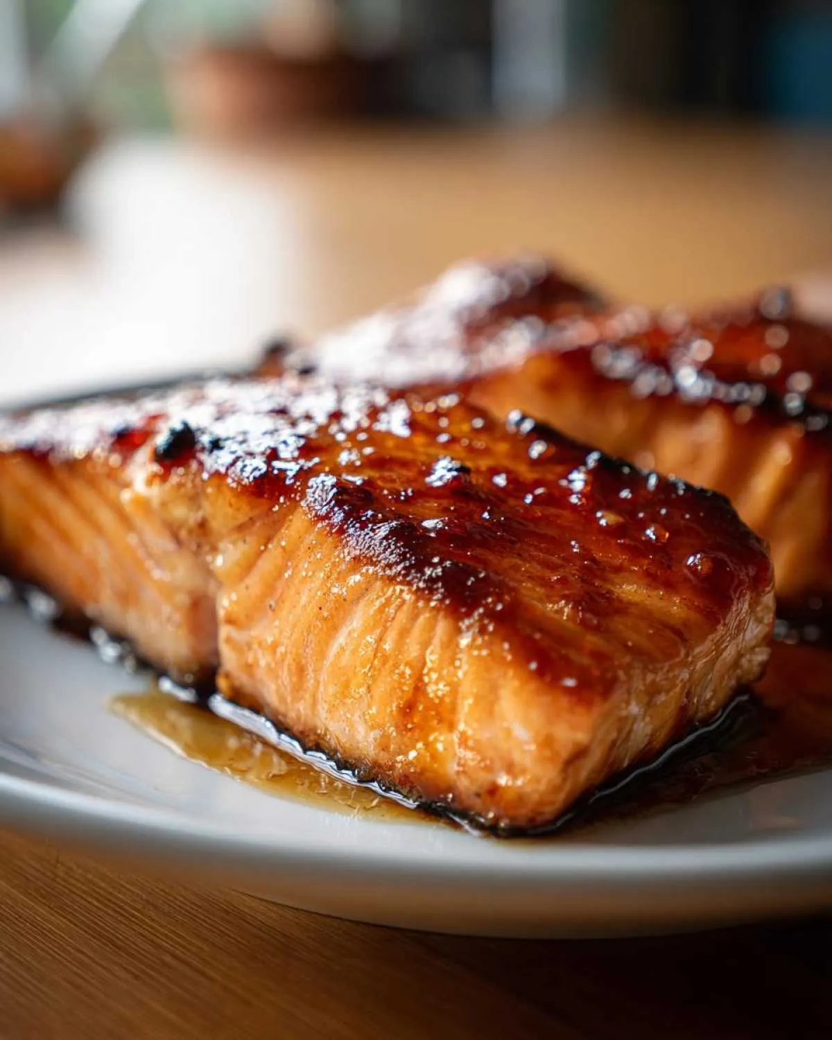 Close-up of two juicy air fryer honey glazed salmon fillets on a white plate, glistening with sauce.