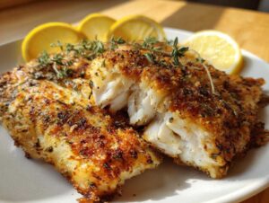 Close-up of crispy air fryer tilapia fillets seasoned with herbs and served with lemon slices.