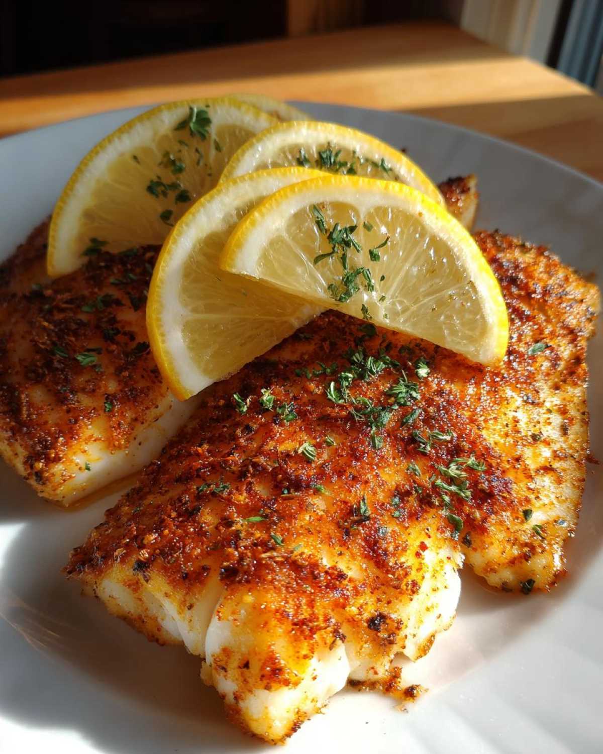 Close-up of crispy air fryer tilapia fillets seasoned with spices and topped with fresh lemon slices and parsley.