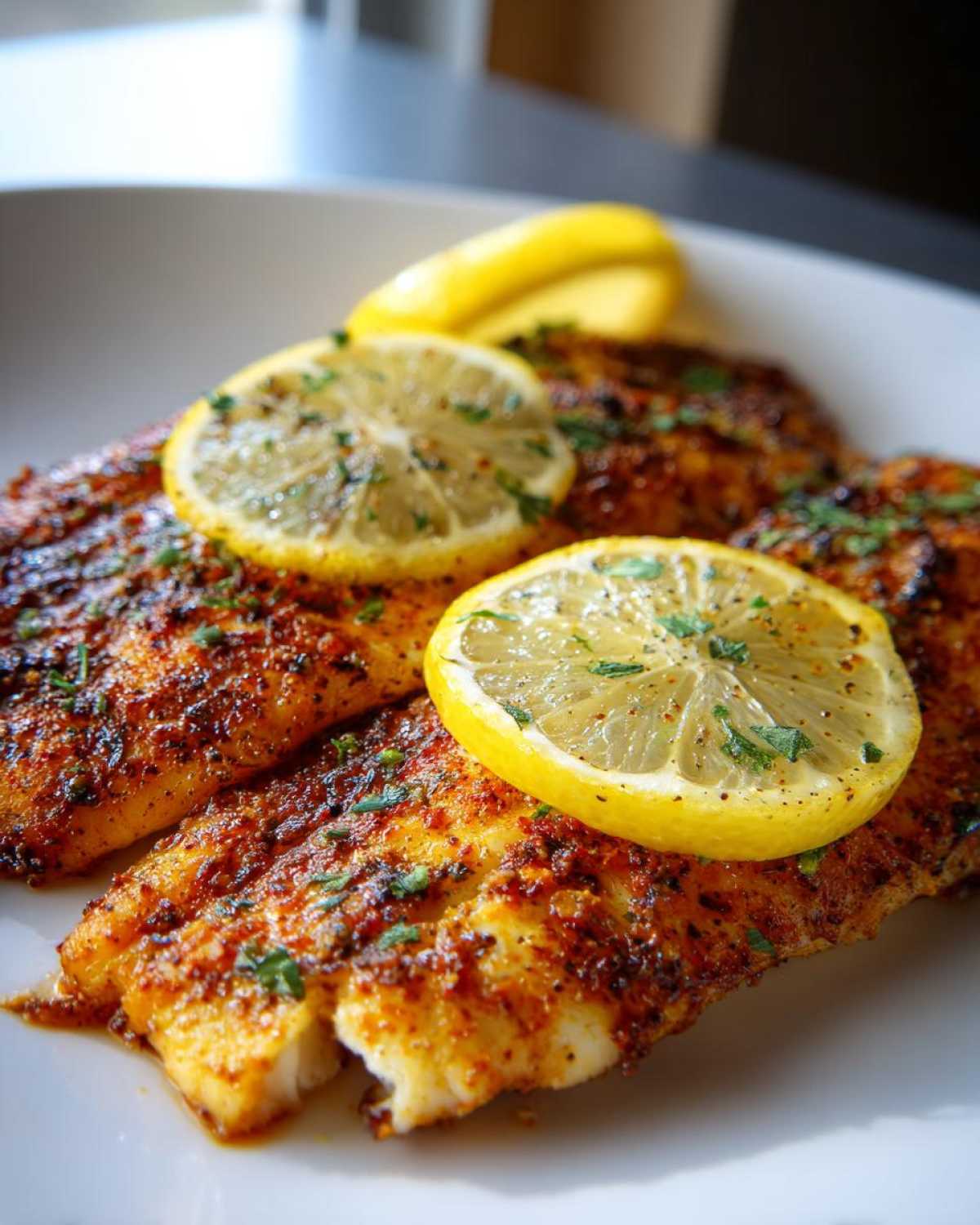 Close-up of crispy air fryer tilapia fillets seasoned with spices and topped with fresh lemon slices and parsley.