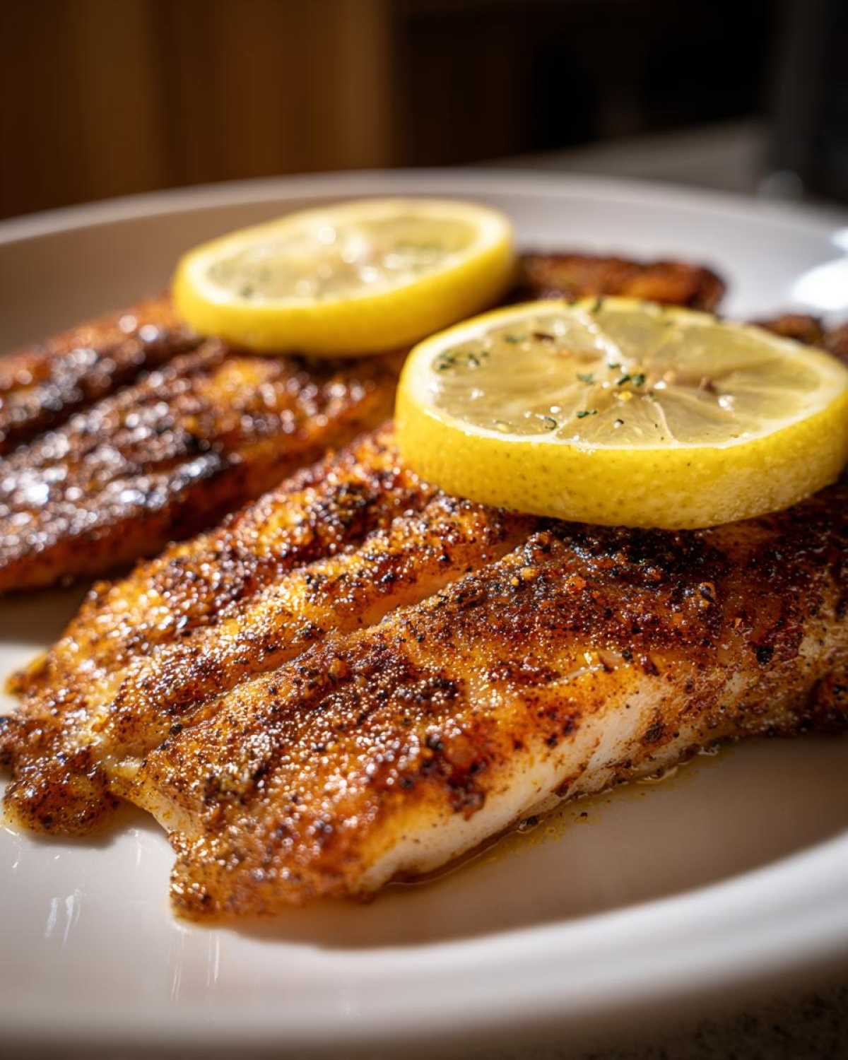 Close-up of perfectly cooked air fryer tilapia fillets seasoned with spices and topped with lemon slices.