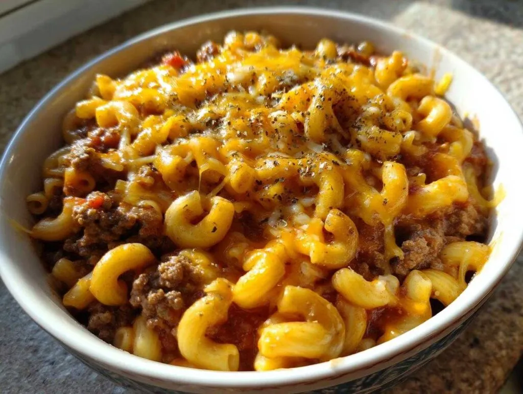 A close-up of a bowl of American goulash, featuring elbow macaroni, ground beef, and melted cheddar cheese.