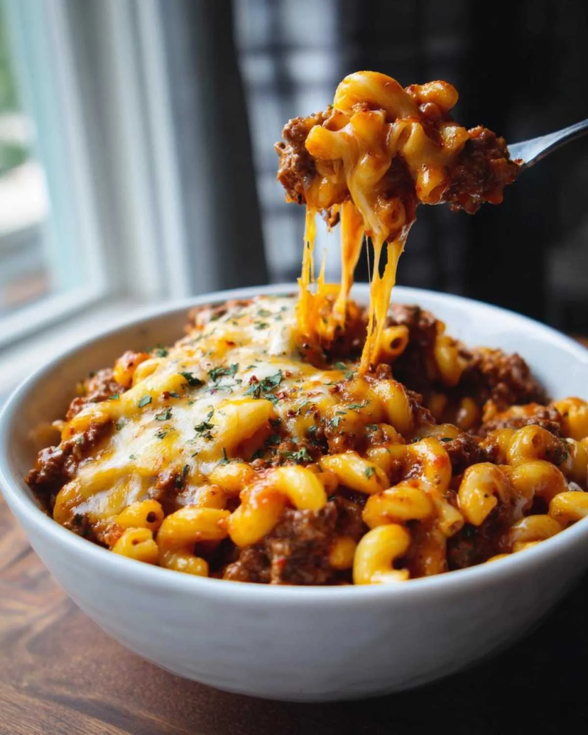 A fork lifts a cheesy portion of American goulash from a bowl, showing the gooey melted cheese.