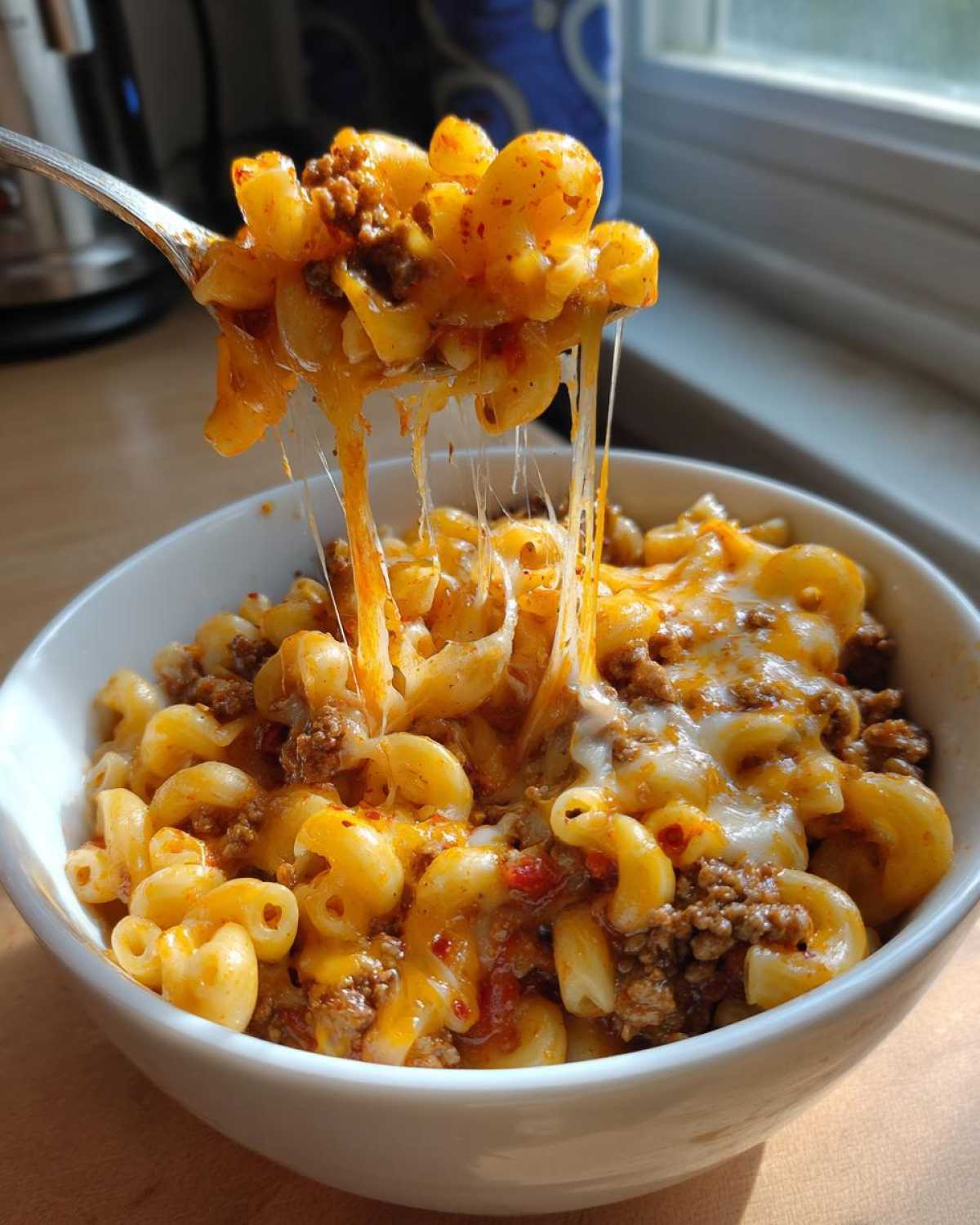 A forkful of cheesy American goulash, with macaroni pasta, ground beef, and melted cheese.