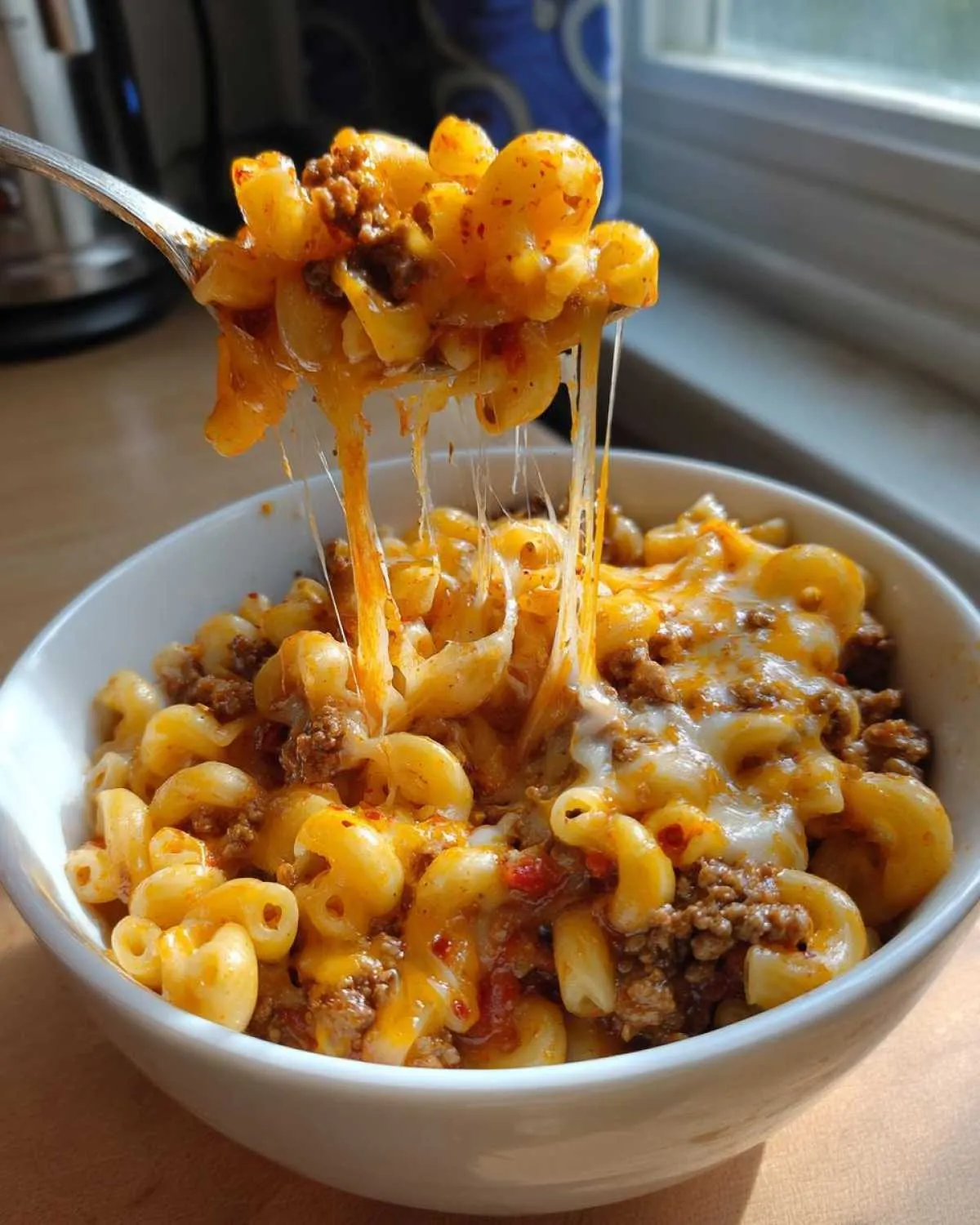 A forkful of cheesy American goulash, with macaroni pasta, ground beef, and melted cheese.