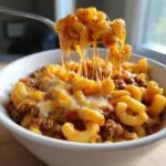 A spoonful of cheesy American goulash with elbow macaroni and ground beef, showing melted cheese strings.