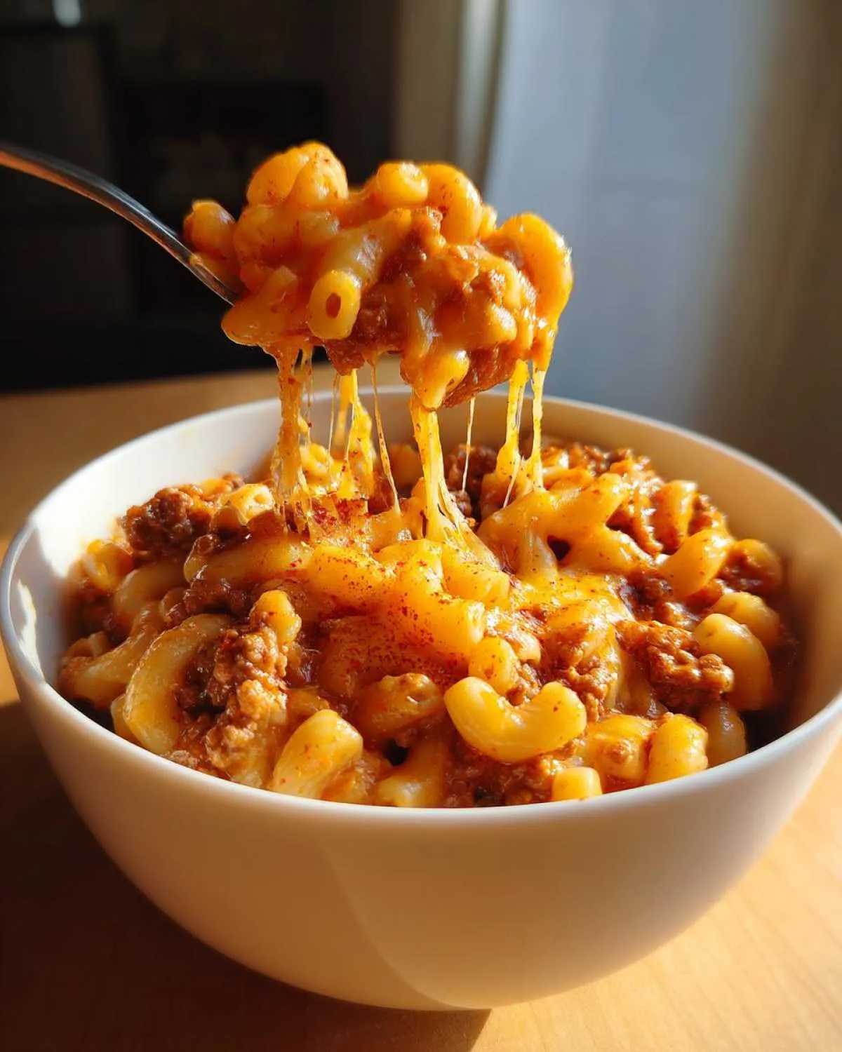 A spoonful of cheesy American goulash with macaroni and ground beef, showing melted cheese strings.