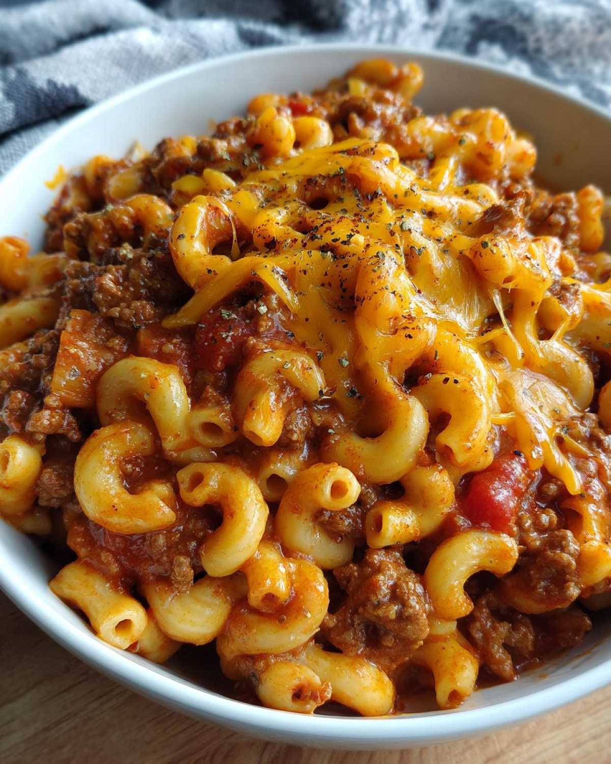 A close-up of a bowl of American goulash, featuring elbow macaroni, ground beef, tomato sauce, and melted cheddar cheese.