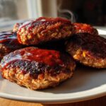 Close-up of several juicy Amish oven BBQ burgers glazed with BBQ sauce on a white plate.