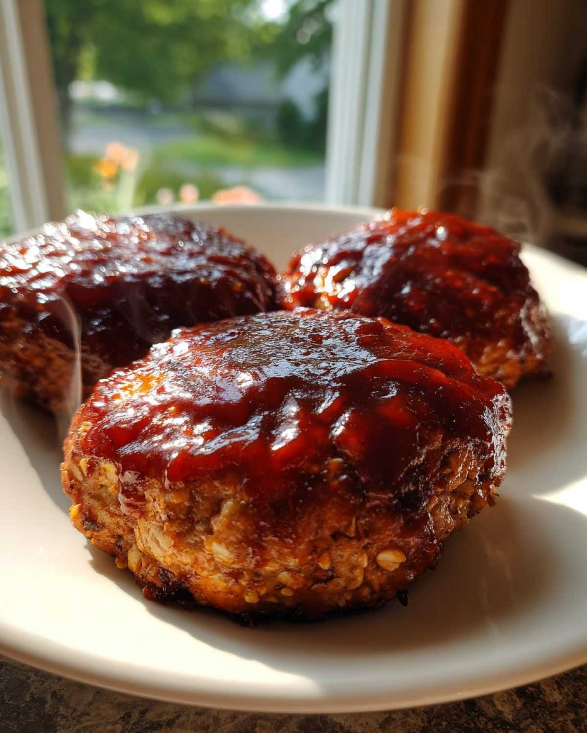 Three juicy Amish oven BBQ burgers topped with a rich BBQ sauce, served on a white plate.