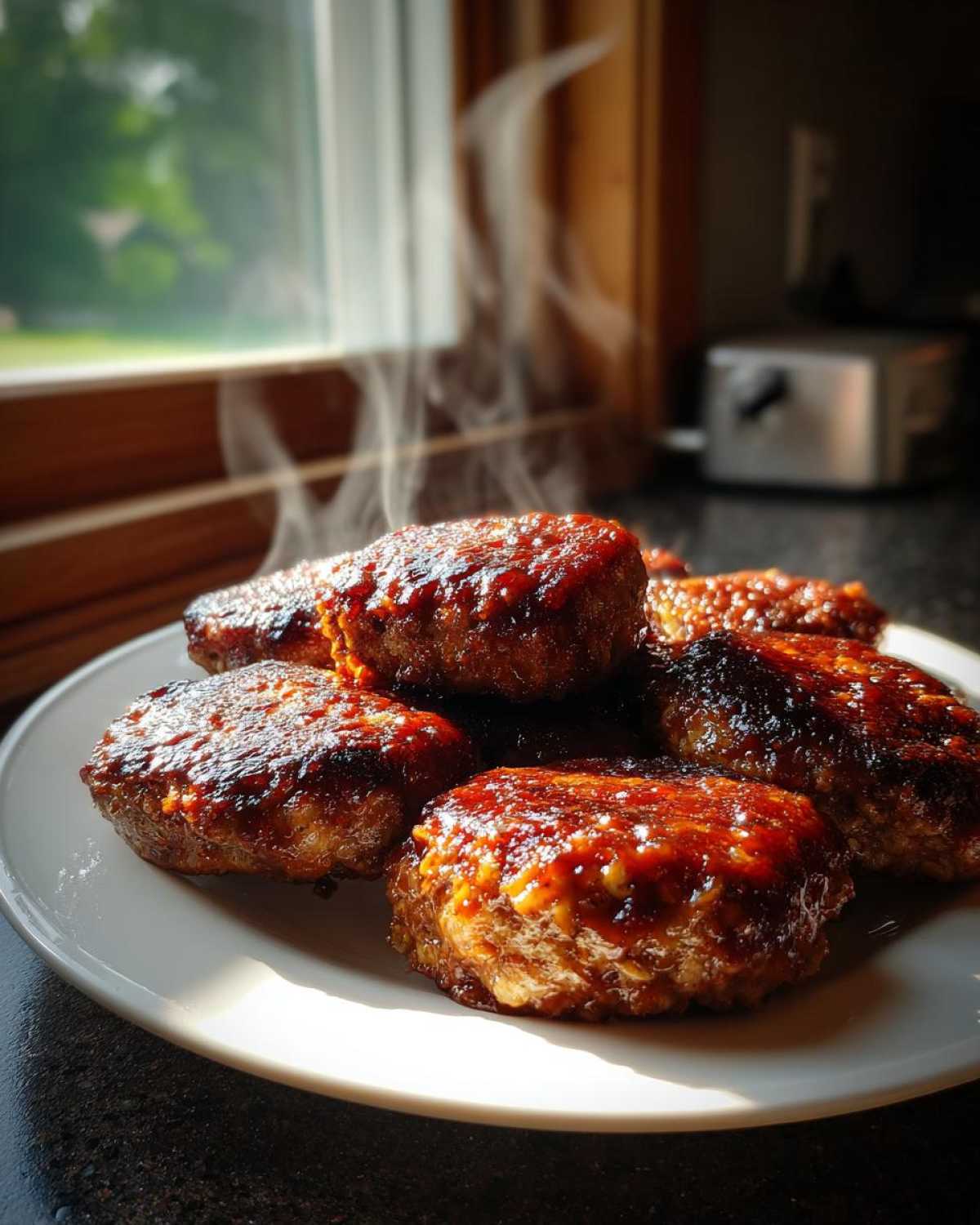 A plate of steaming Amish oven BBQ burgers glazed with a rich sauce.