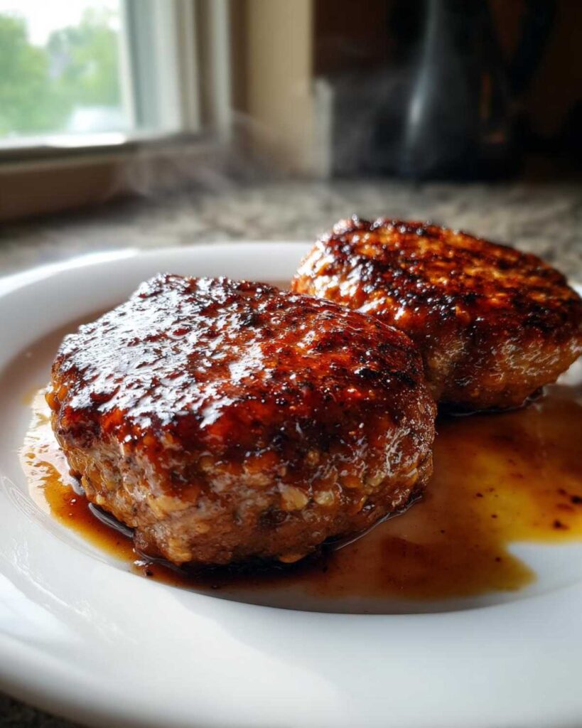 Two juicy Amish oven BBQ burgers glistening with sauce on a white plate, with steam rising.