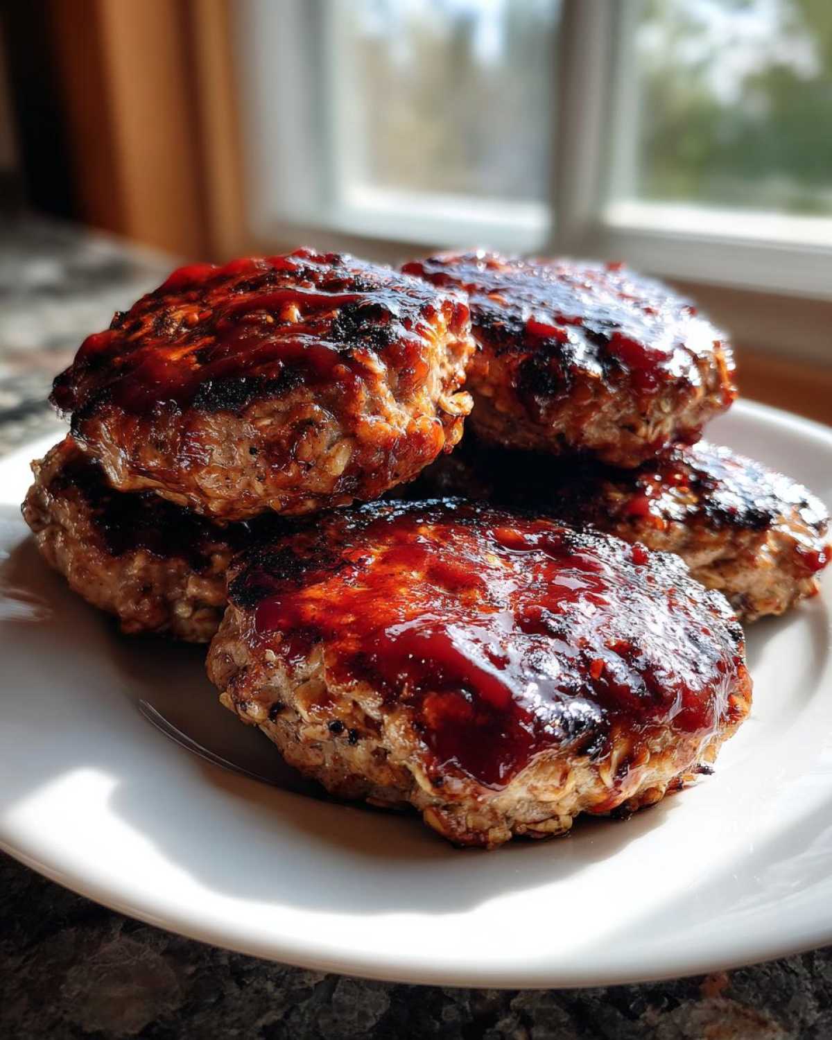 A stack of five juicy Amish oven BBQ burgers glazed with a rich BBQ sauce.