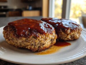 Two perfectly cooked Amish oven BBQ burgers, glistening with a rich BBQ sauce, served on a white plate.