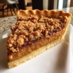 A close-up of a slice of apple butter pumpkin pie with a crumb topping on a white plate.
