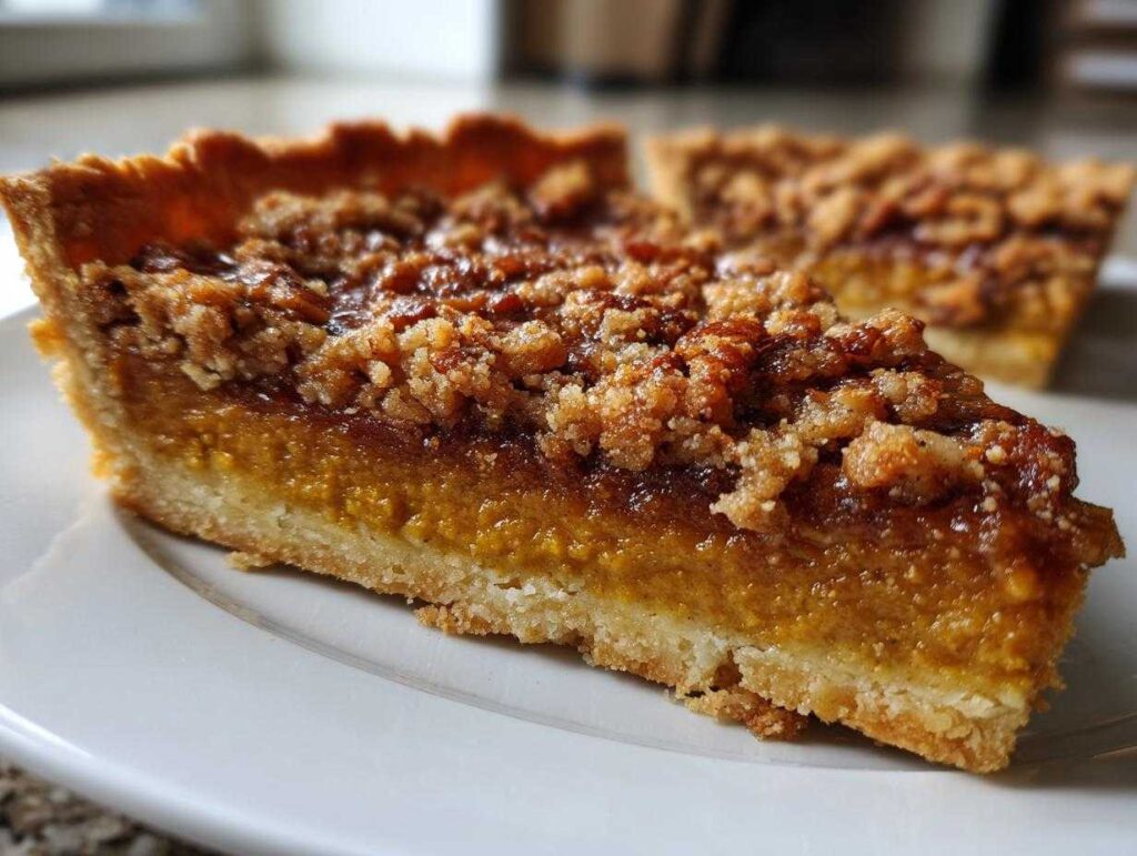 Close-up of a slice of apple butter pumpkin pie with a crumb topping on a white plate.