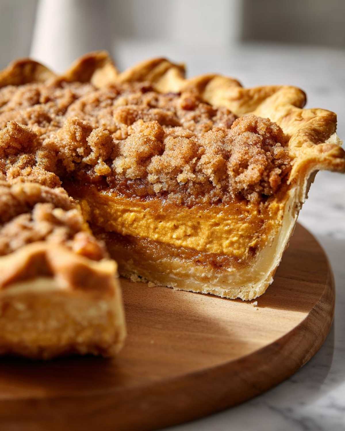 A close-up of a slice of apple butter pumpkin pie with a crumb topping on a wooden board.