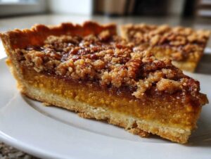 Close-up of a slice of apple butter pumpkin pie with a crumb topping on a white plate.