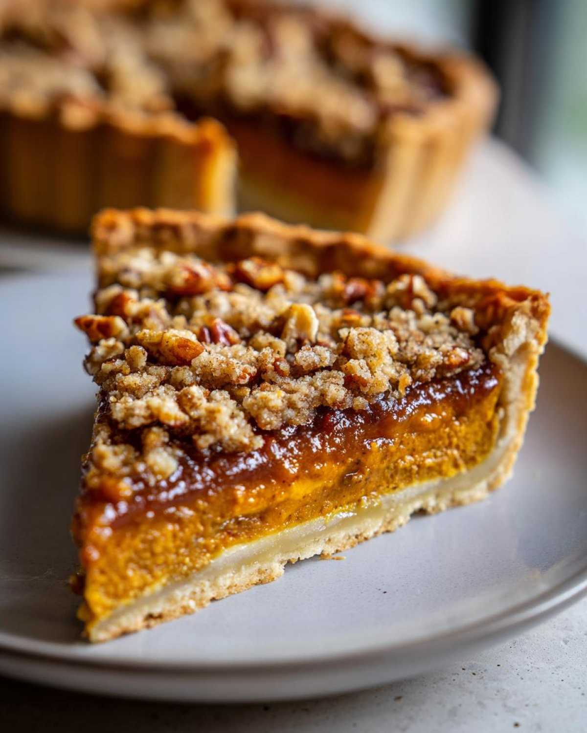 A close-up of a slice of apple butter pumpkin pie, featuring a golden crust, rich filling, and a crunchy pecan crumble topping.