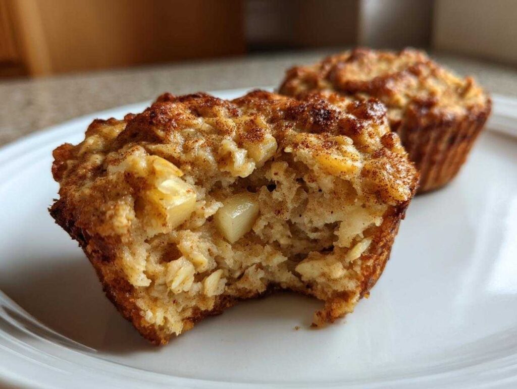 A close-up of a bitten apple cinnamon oatmeal cup on a white plate, showing oats and apple chunks.
