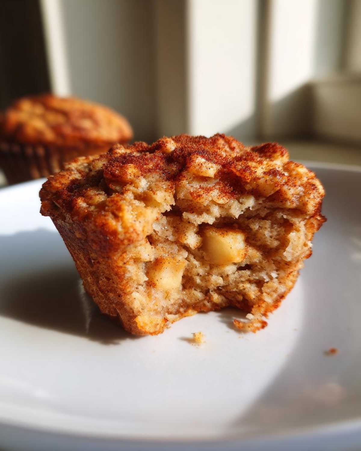 Close-up of a bitten apple cinnamon oatmeal cup, showing chunks of apple and a sprinkle of cinnamon on top.