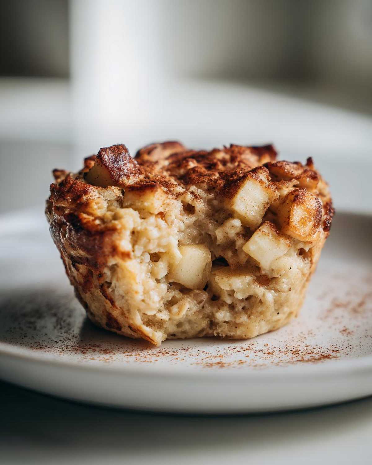 Close-up of a baked apple cinnamon oatmeal cup with a bite taken out, showing chunks of apple and oats.