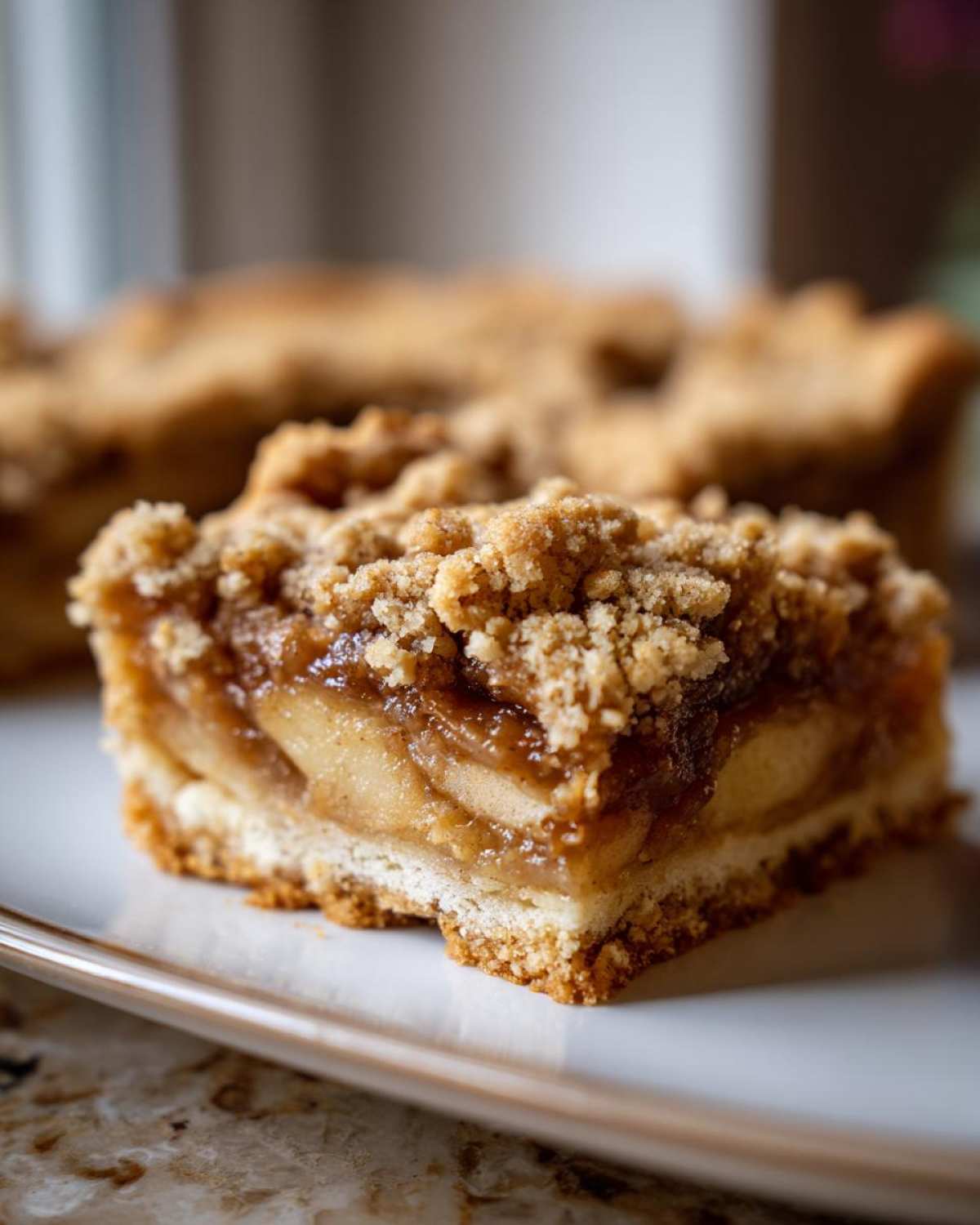 A close-up of a delicious apple crisp bar with a buttery shortbread crust and crumb topping.