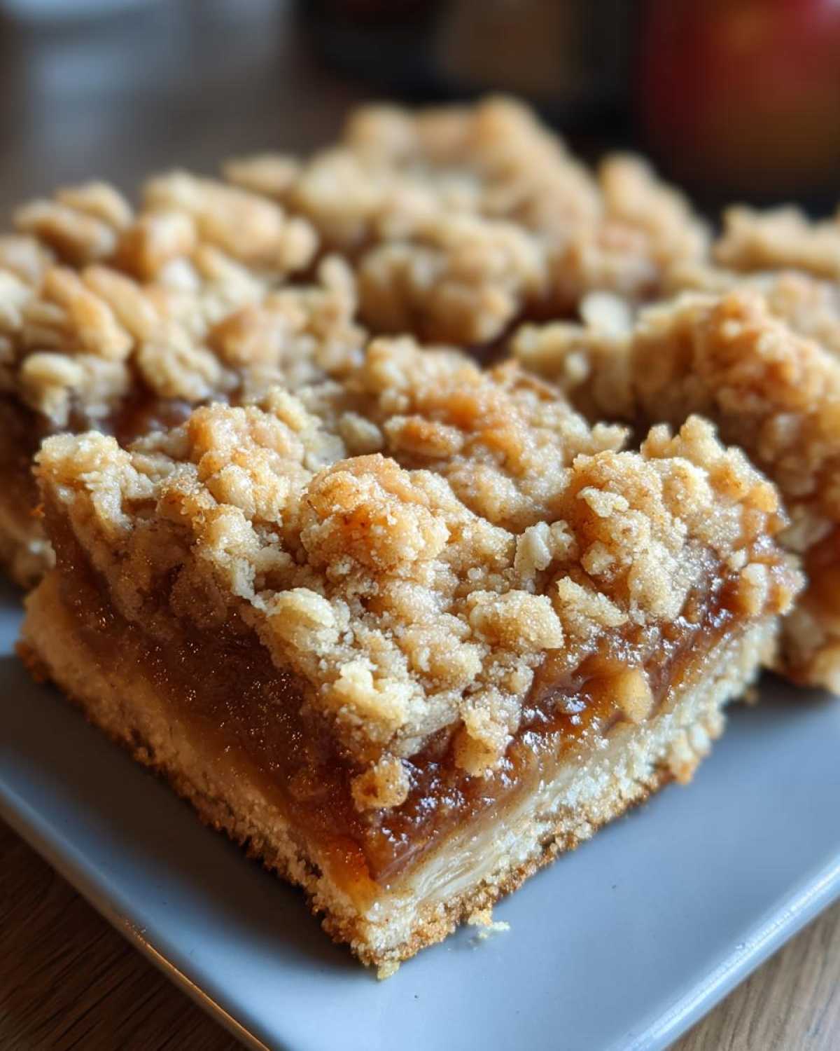 Close-up of a delicious apple crisp bar with a buttery shortbread crust and crumbly topping.