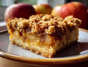 A close-up of a single slice of apple crisp bars, showcasing the layers of shortbread, apple filling, and crumb topping.