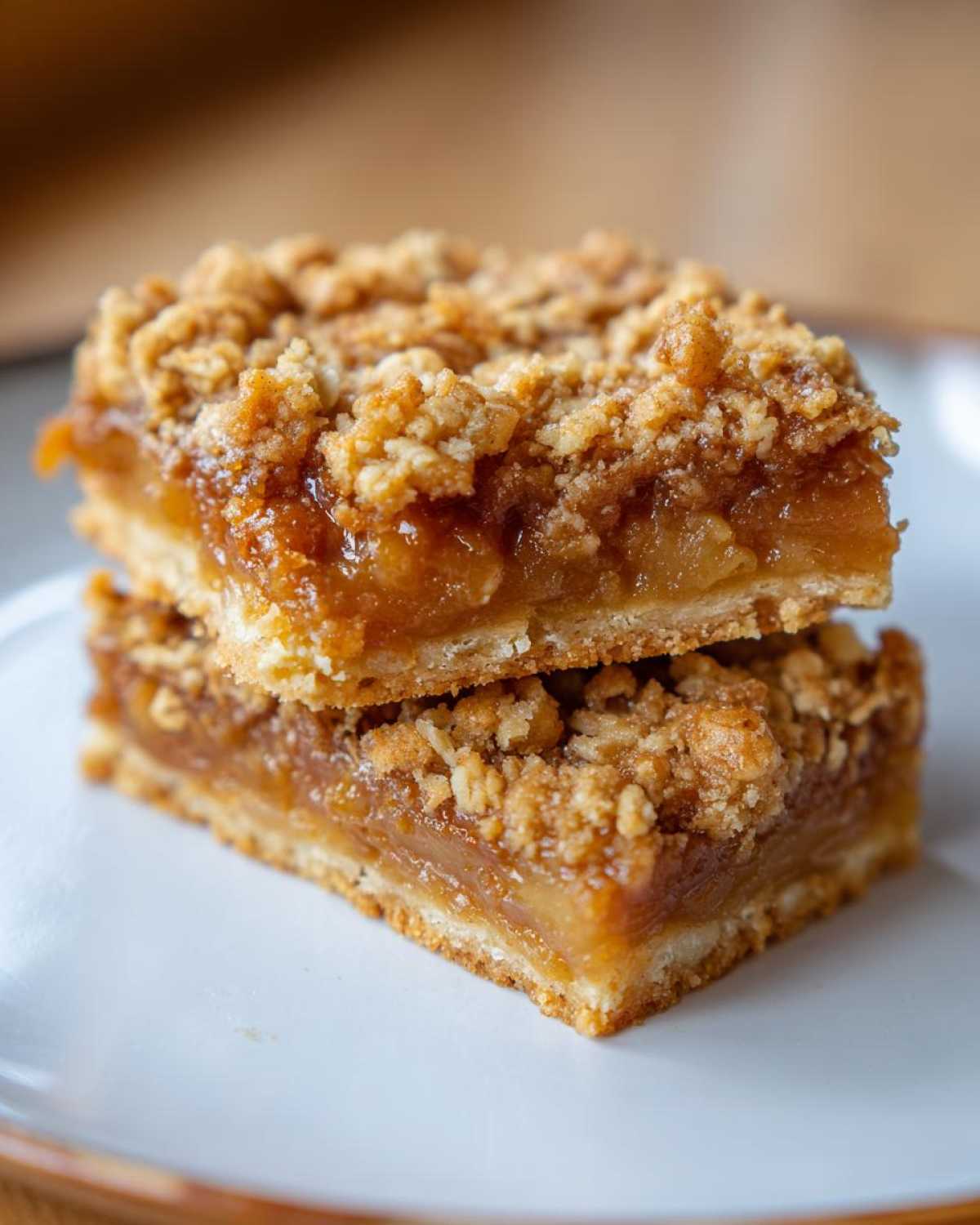 Two delicious apple crisp bars stacked on a white plate, showcasing the crumbly topping and gooey apple filling.