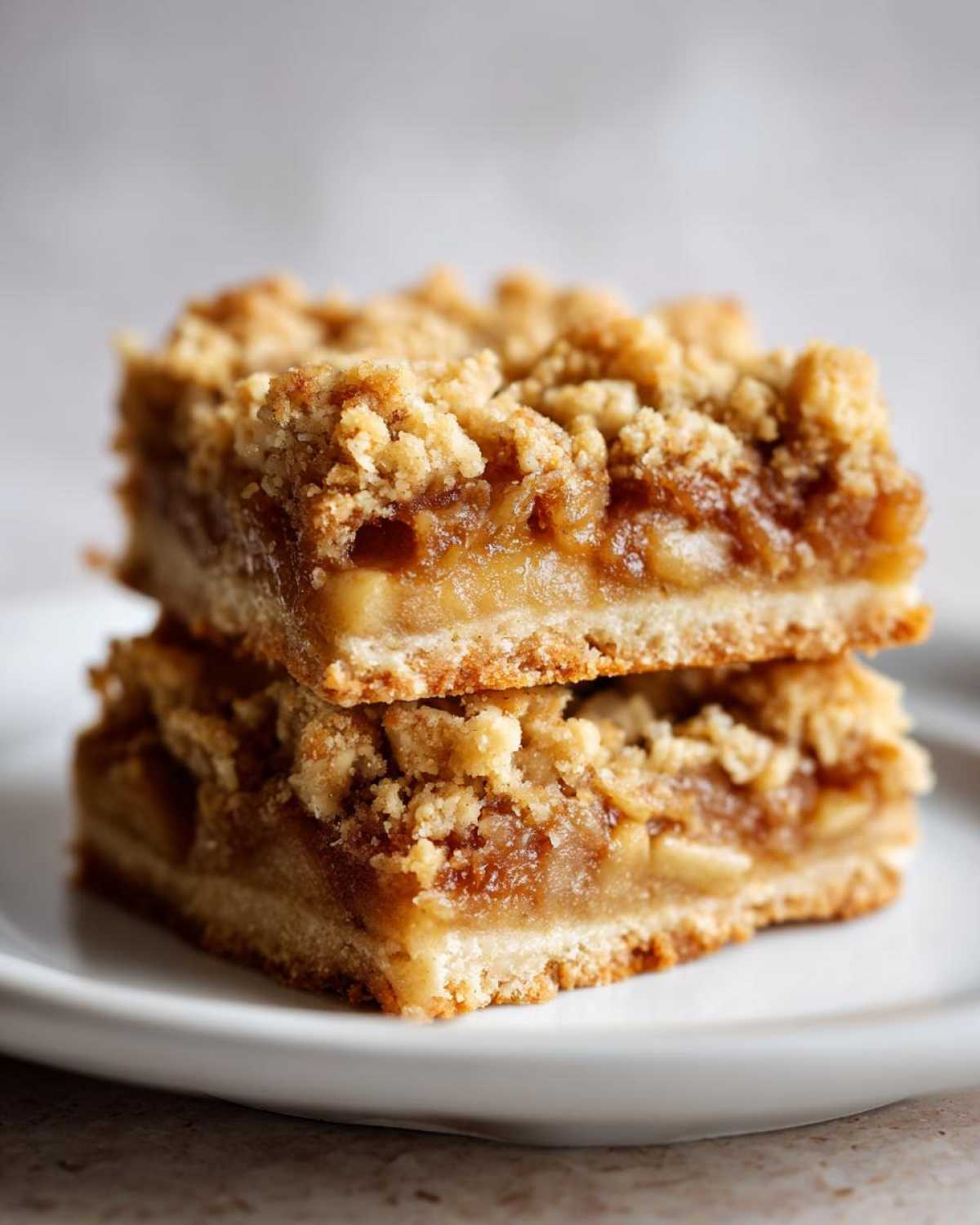 Two stacked apple crisp bars on a white plate, showcasing the crumbly topping and apple filling.