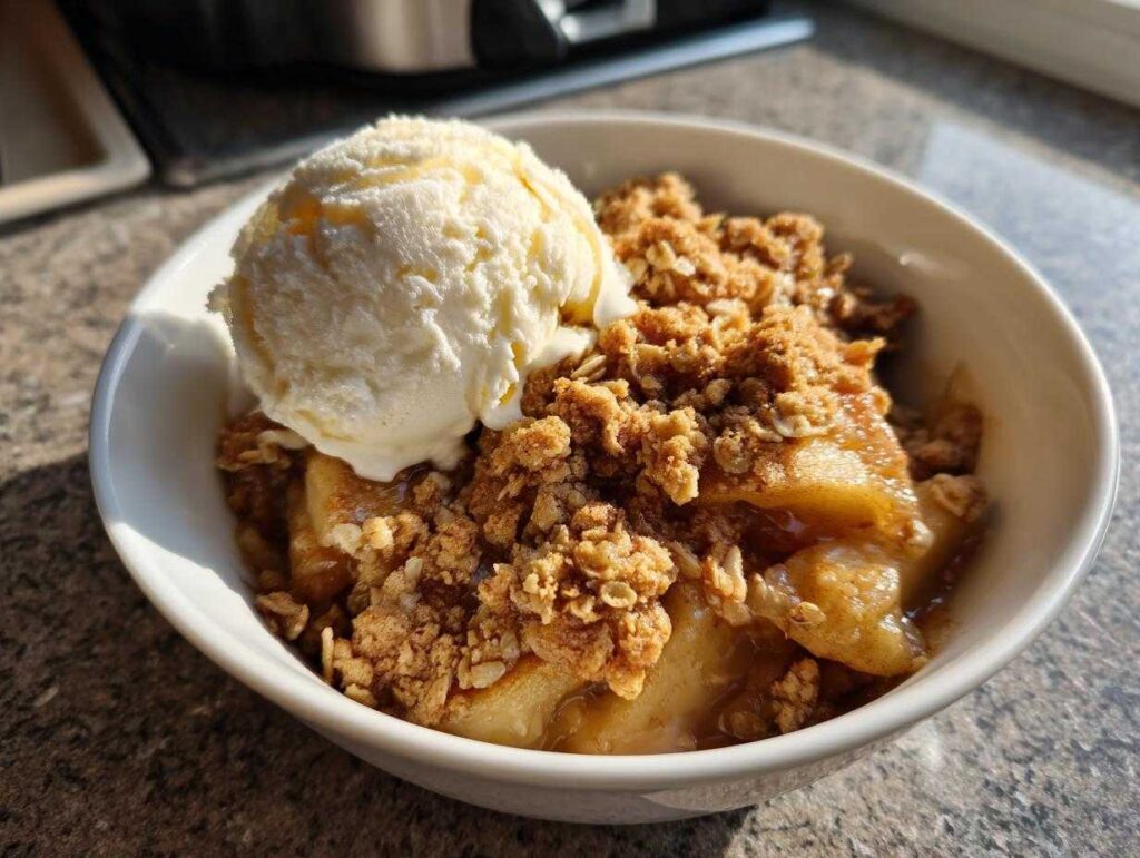 A close-up of a bowl of warm apple crisp with oat streusel, topped with a scoop of vanilla ice cream.