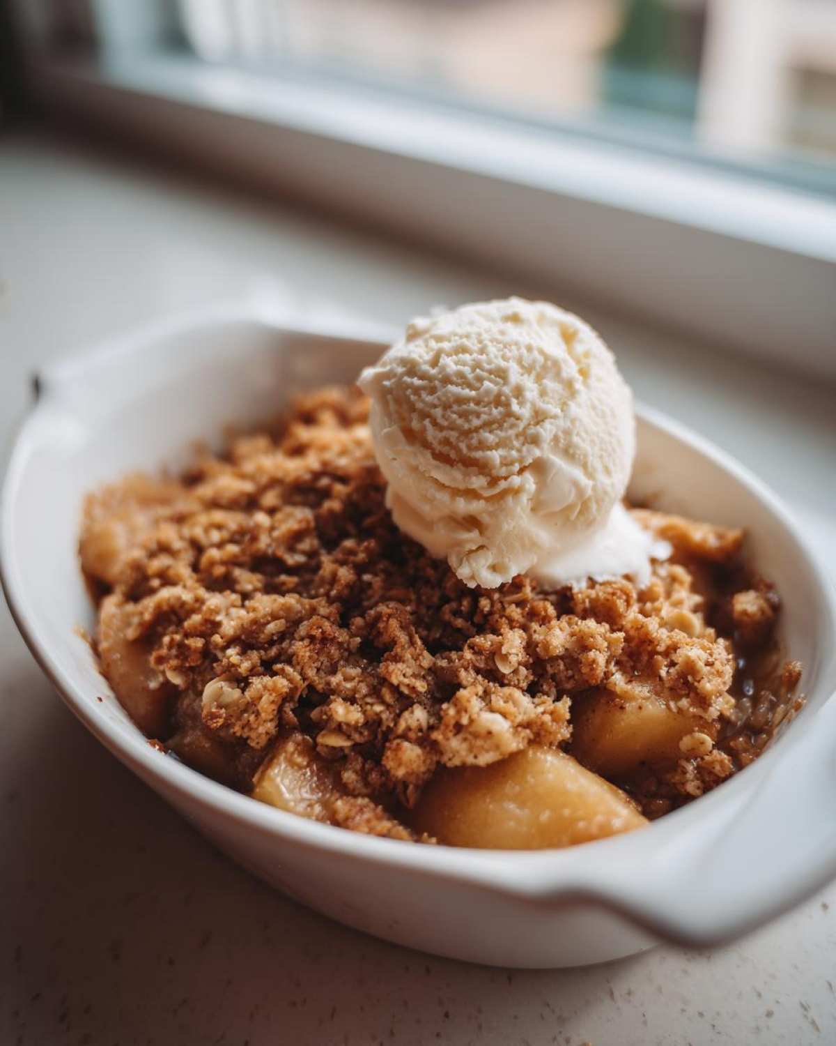 A close-up of warm apple crisp with oat streusel topped with a scoop of vanilla ice cream in a white baking dish.