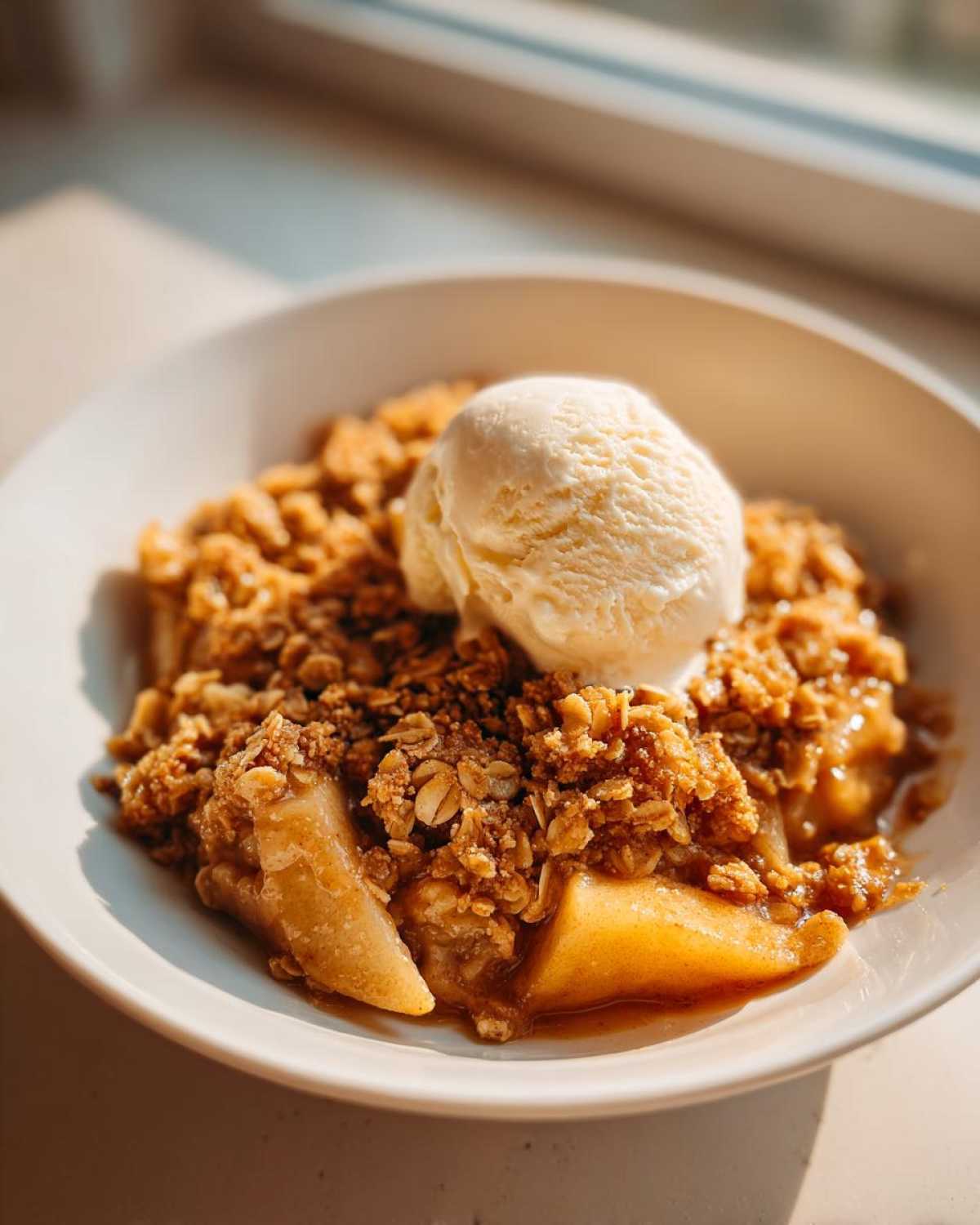 A close-up of a bowl of warm apple crisp with oat streusel, topped with a scoop of vanilla ice cream.