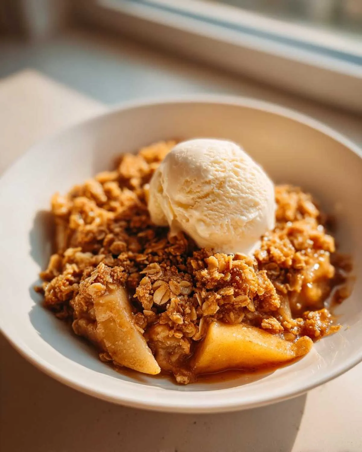 A close-up of a bowl of warm apple crisp with oat streusel, topped with a scoop of vanilla ice cream.