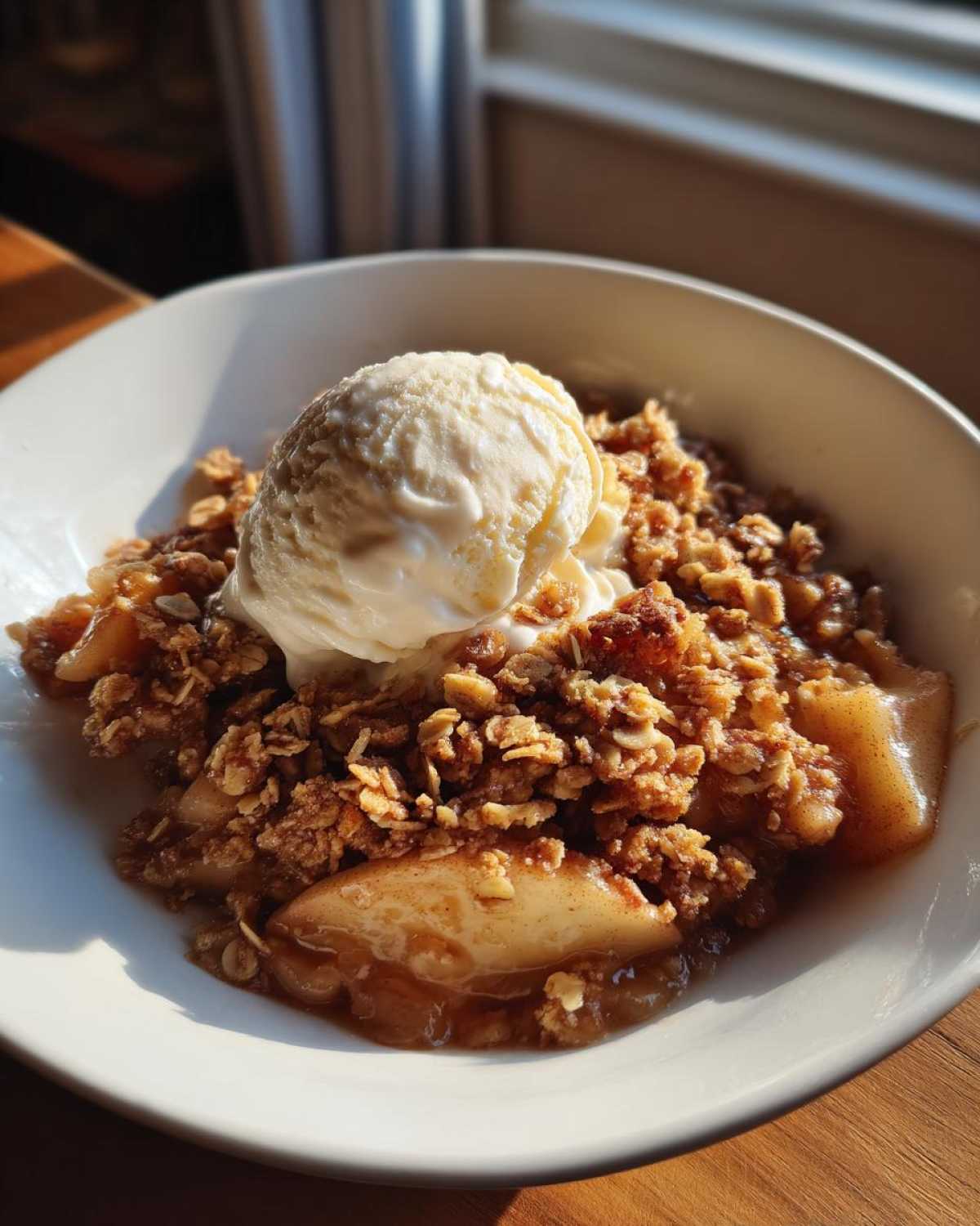 A close-up of a bowl of warm apple crisp with oat streusel, topped with a scoop of vanilla ice cream.