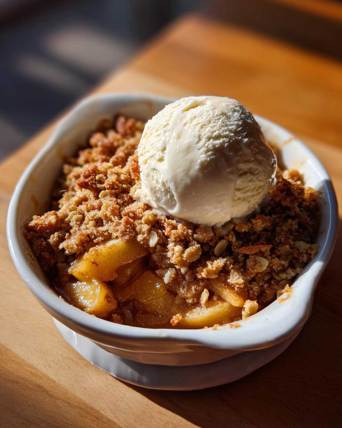 A warm bowl of apple crisp with oat streusel topped with a scoop of melting vanilla ice cream.