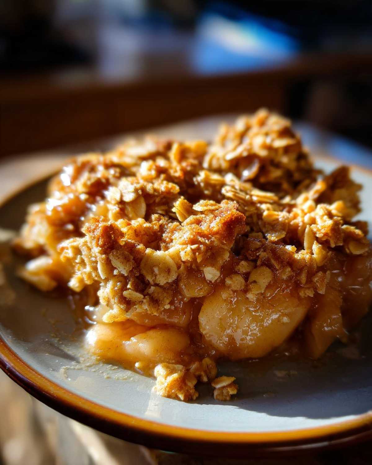 A close-up of a warm serving of apple crisp with oats, showing baked apples and a crunchy oat topping.
