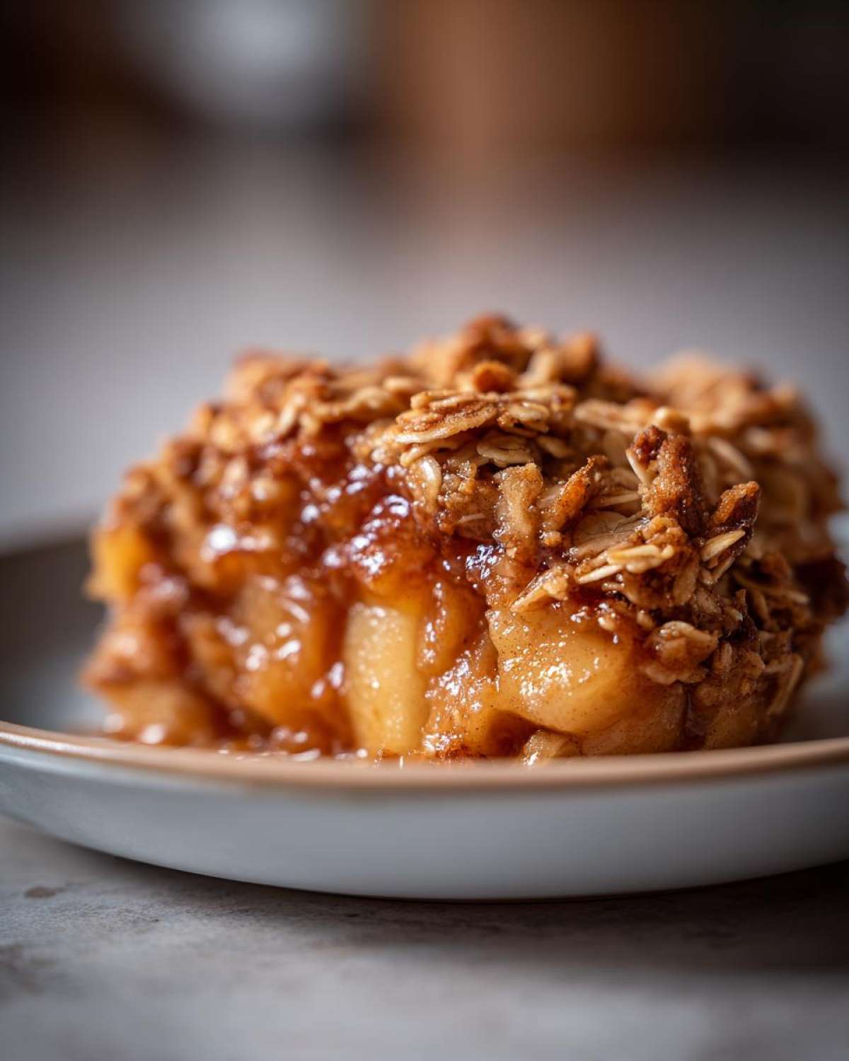 A close-up of a serving of apple crisp with oats, featuring tender baked apples and a crunchy oat topping.